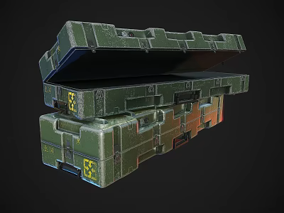 Weapon Storage Green Military Cases Stacked With Open Lid And Yellow Markings 3d model