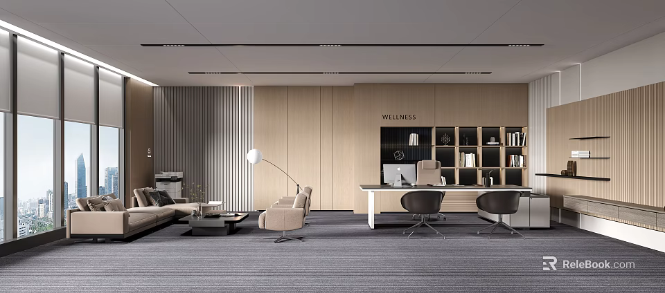 Modern Office Interior With Sofa Area Work Desk Wellness Bookshelf Floor Lamp And Gray Carpet 3d model 