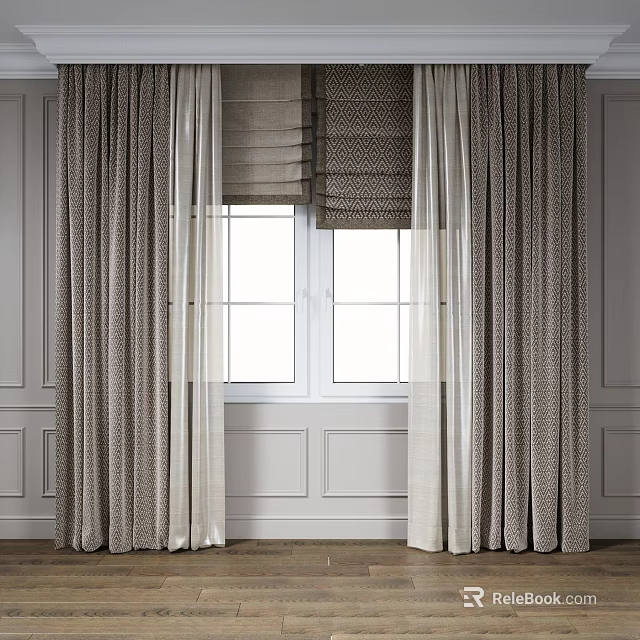 Elegant Layered Curtains With Sheer Panels And Textured Fabric For Window Treatment 3d model 