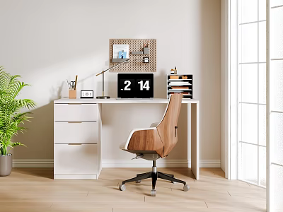 Modern Home Office Desk With Computer Monitor Pinboard Wooden Chair Green Plant And Natural Light 3d model