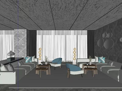 Modern Lounge Area Interior With Sofas Chairs Coffee Tables Curtains And Circular Wall Decor 3d model