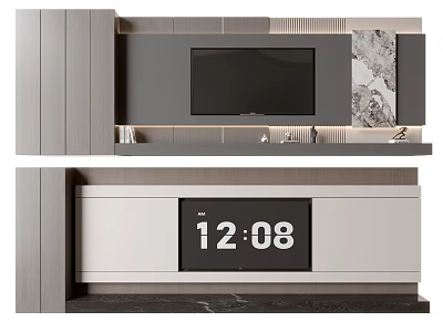 Modern Background Wall Design With TV Wooden Gray Panels Marble Accent And LED Lighting 3d model