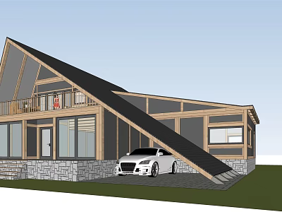 Modern Detached Villa With Sloped Roof Wooden Structure Large Glass Windows And White Car 3d model