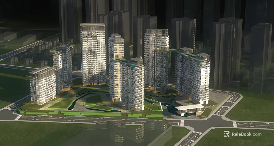Modern High Rise Residential Buildings with Central Green Space and Open Landscaping 3d model 