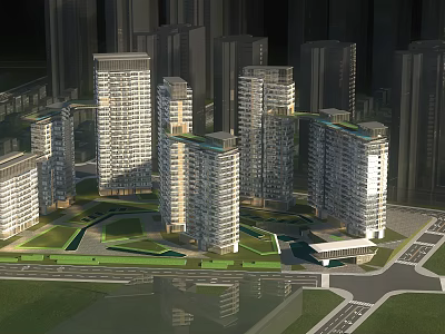 Modern High Rise Residential Buildings with Central Green Space and Open Landscaping 3d model