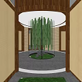 Elevator Hallway Design With Wooden Walls Stone Path And Green Plants