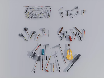 Assorted Weapon Tools Collection Featuring Axes Hammers Shovels Saws and Knives 3d model