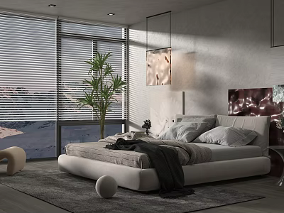 Modern Bedroom Interior With Platform Bed Large Window Blinds Indoor Plant Area Rug And Wall Art 3d model