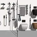 Modern Bathroom Suite Design With Shower Heads Towel Rails Toilets And Faucets