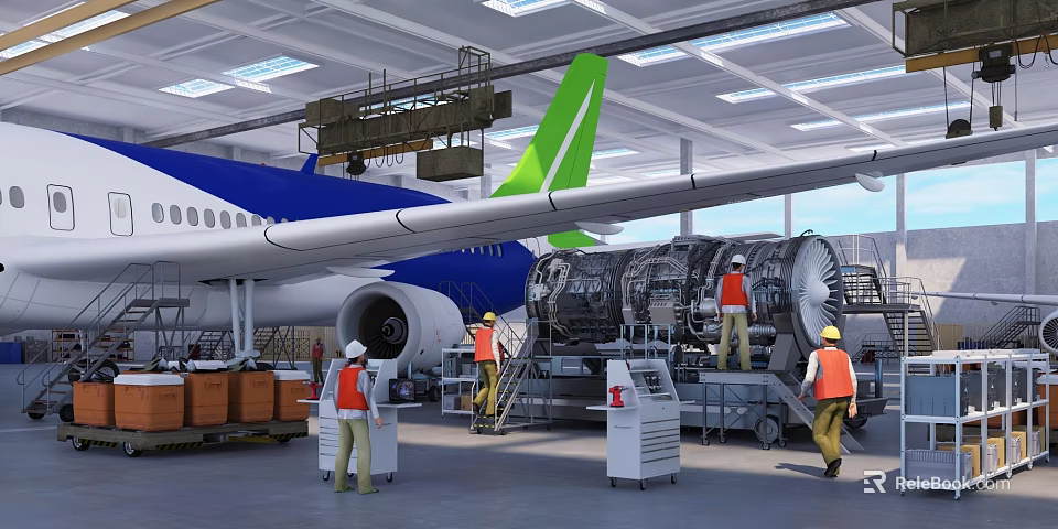 Commercial Aircraft Maintenance In Hangar By Technician Team And Equipment 3d model 