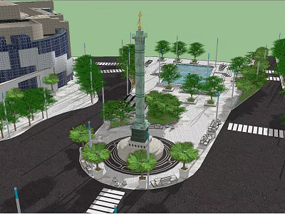 Urban Plaza Design Featuring Central Monument Fountain Green Trees And Pedestrian Crosswalks 3d model