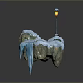 Street Lamp With Icicles On Snow Covered Rock In Winter Scene
