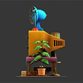 Colorful Cartoon Scene Featuring Vintage TV Fan Lamp Plant And Pizza Box