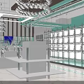 Green Exhibition Booth With Metal Frame Display Cabinets Screens And Man In Suit