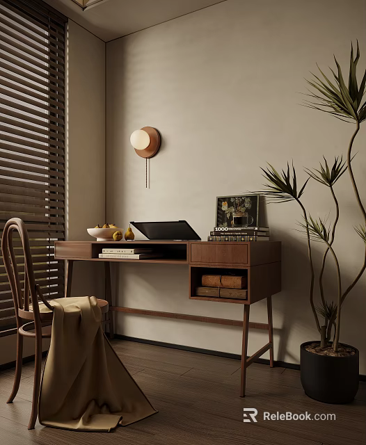 Wooden Office Desk With Laptop Books Fruit Bowl Round Wall Lamp And Tall Plant 3d model 