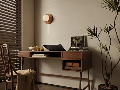 Wooden Office Desk With Laptop Books Fruit Bowl Round Wall Lamp And Tall Plant 3d model