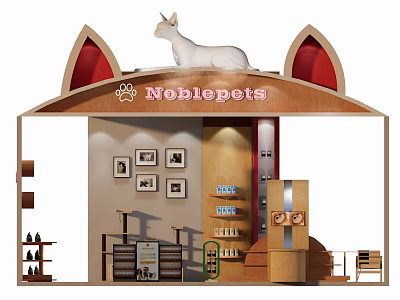 NoblePets Exhibition Booth With Cat Ear Roof White Cat Statue Pet Supplies Display Photo Wall 3d model