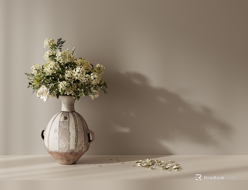Elegant Bonsai Plant in White Brown Patterned Pot with White Flowers on Light Colored Table 3d model 