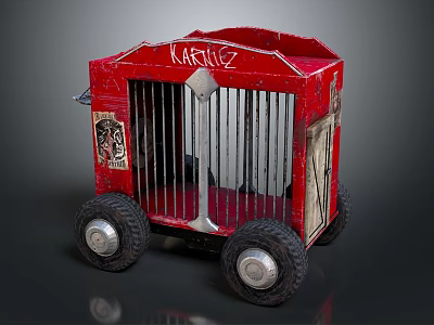 Vintage Red Cage Shaped Decorative Ornament Set With Wheels And KARLIE Lettering 3d model