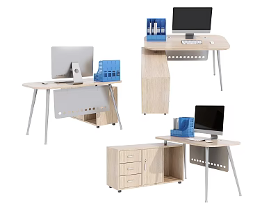 Modern Office Desks With Computer Monitors Blue Folders And Storage Drawers 3d model