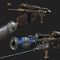 Vintage Mechanical Weapon With Wooden Stock Metal Barrel Blue Accents And Scope