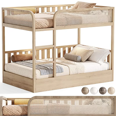 Wooden Kids Bunk Bed With Rattan Guardrail Mattress And Multiple Color Options 3d model