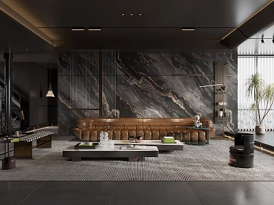 Elegant Modern Lounge Interior Design With Feature Marble Wall And Comfortable Sofa Rug 3d model