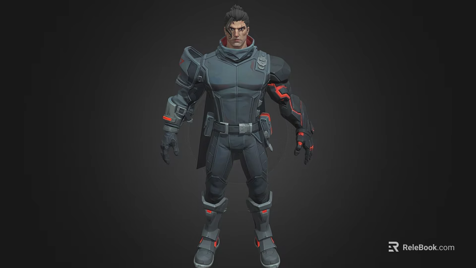 Man In Futuristic Armored Combat Suit With Red Accents And Tech Details 3d model 