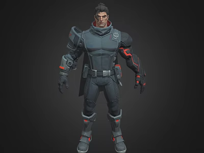 Man In Futuristic Armored Combat Suit With Red Accents And Tech Details 3d model