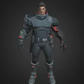 Man In Futuristic Armored Combat Suit With Red Accents And Tech Details