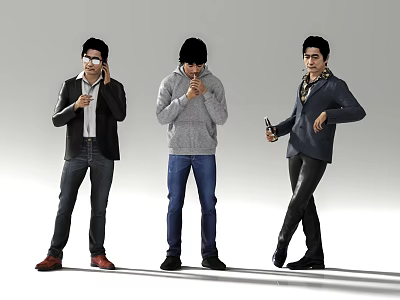 Three Men in Blazer Hoodie and Dark Coat Posing with Phone Hood Adjusting and Bottle 3d model
