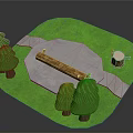 Outdoor Park Scene With Green Grass Trees Wooden Bench And Tree Stump