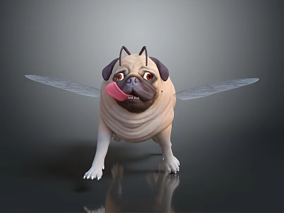 Pug with fairy wings standing and holding pink lollipop in mouth 3d model