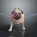 Pug with fairy wings standing and holding pink lollipop in mouth