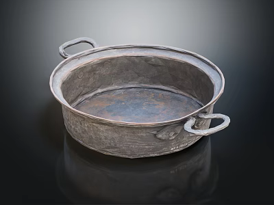 Vintage Handcrafted Metal Basin With Two Ring Handles And Rustic Texture For Daily Living 3d model