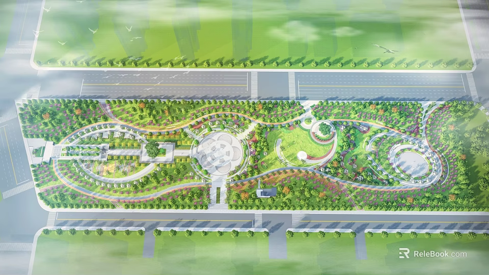 Park Landscape Featuring Winding Paths Circular Plaza Lush Greenery And Trees 3d model 