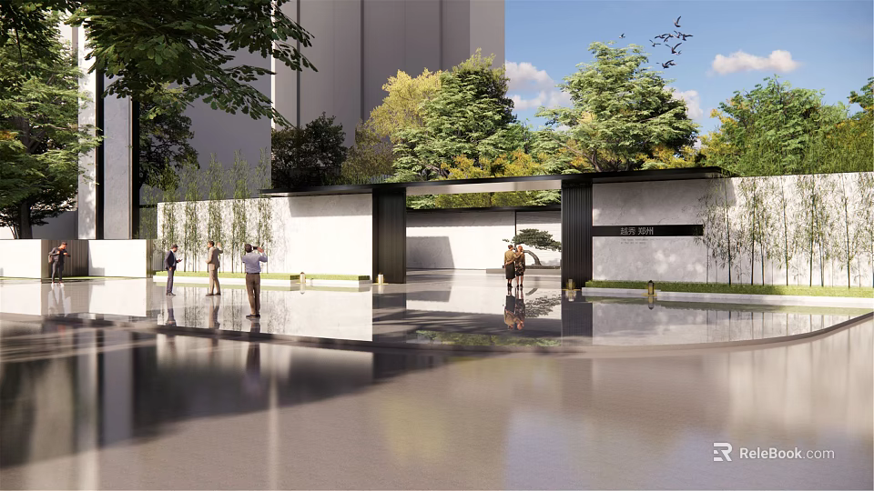 Modern Entrance Gate Design With Stone Walls And Greenery Surroundings 3d model 