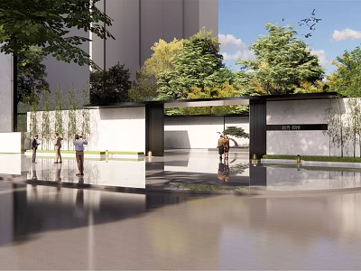 Modern Entrance Gate Design With Stone Walls And Greenery Surroundings 3d model