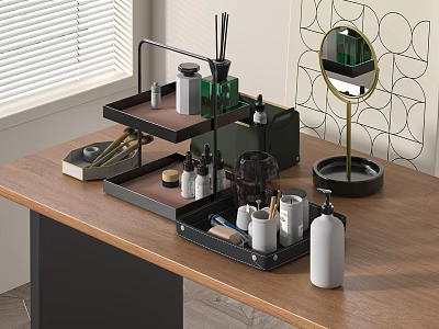 Stylish Perfume And Cosmetics Display On Wooden Table With Storage Rack And Mirror 3d model