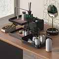 Stylish Perfume And Cosmetics Display On Wooden Table With Storage Rack And Mirror