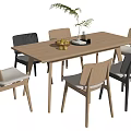 Rectangular Wooden Dining Table Set with Upholstered Chairs Potted Plant and Fruit Tray 3d model