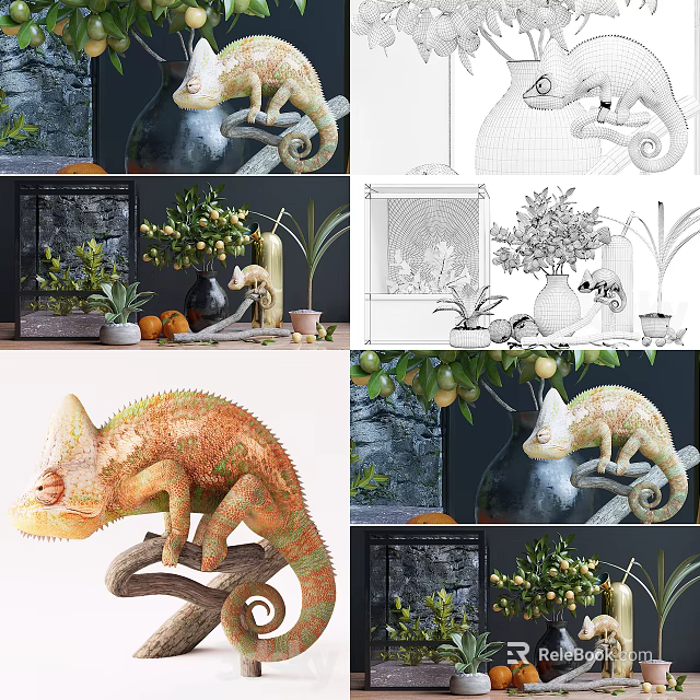 Chameleon Figurine Green Plant And Ceramic Vase Decorative Ornament Combination Set 3d model 