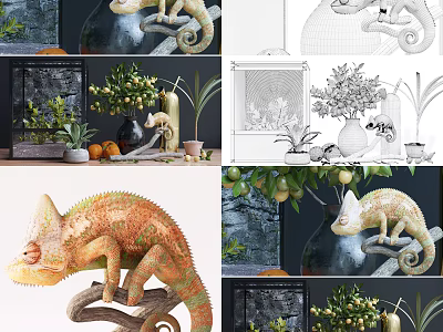 Chameleon Figurine Green Plant And Ceramic Vase Decorative Ornament Combination Set 3d model