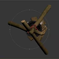 Garden Decorative Piece With Crossed Wooden Sticks Tied Red Rope Hanging Iron Cauldron And Firewood