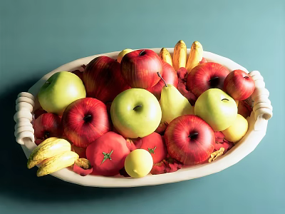 Ceramic Bowl Filled With Fresh Fruits Including Apples Bananas And Tomatoes 3d model