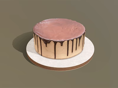 Delicious Chocolate Drizzle Cake with Pink Frosting Top on White Round Cake Stand 3d model