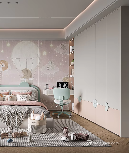 Cute Kids Room Interior With Moon Stars Wallpaper Animal Motifs Bed Desk Chair And Wardrobe 3d model 