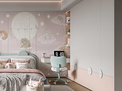 Cute Kids Room Interior With Moon Stars Wallpaper Animal Motifs Bed Desk Chair And Wardrobe 3d model