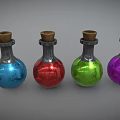 Four Glass Bottles With Wooden Corks Containing Blue Red Green Purple Colored Liquids