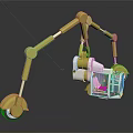 Yellow 3D Rendered Mechanical Robot With Articulated Arms Wheels And Transparent Cabinets